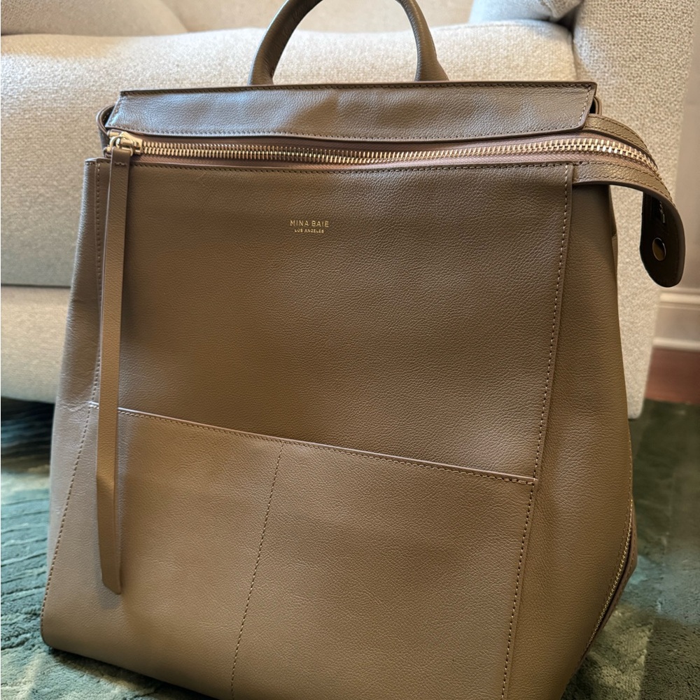 Mina Baie Harper Full leather backpack diaper bag in Teddy